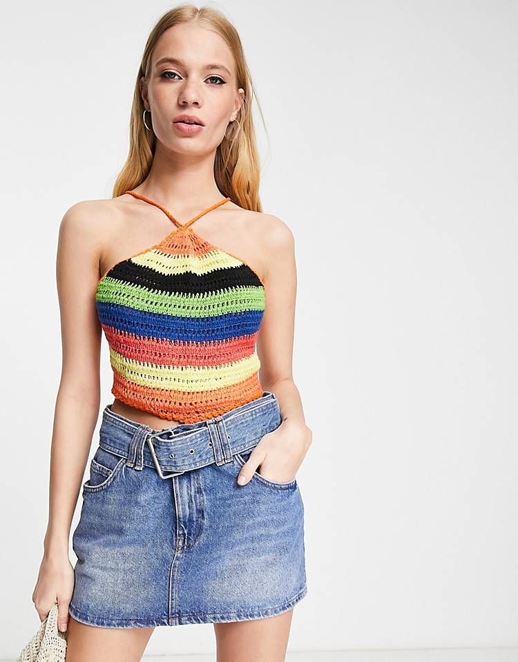 Bershka cross strap crochet crop top in multi stripe